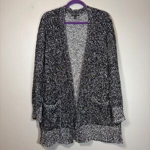 Eileen Fisher Organic Cotton Marled Knit Open Front Cardigan Black White XL